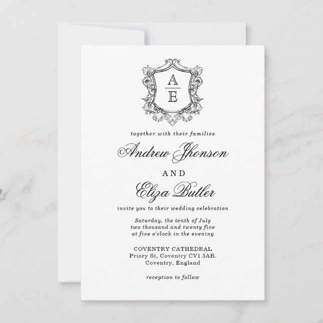 Elegant Black and White Crest Monogram Wedding  Invitation (Front)