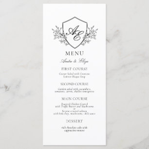 Elegant Black and White Crest Monogram Wedding Menu
