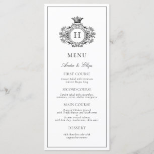 Elegant Black and White Crest Monogram Wedding  Menu