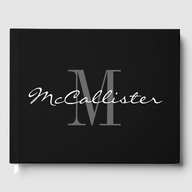 Elegant black and white custom monogram guest book (Front)