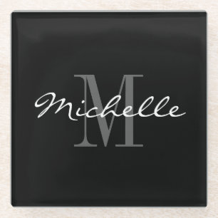 Elegant black and white custom name monogram glass coaster