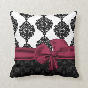 Elegant Black and White Damask and Plum Bow Pillow