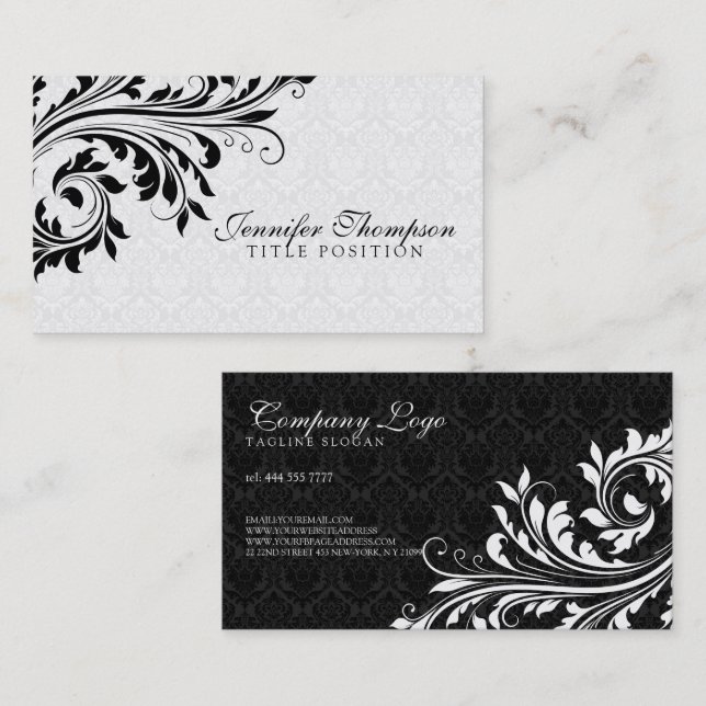 Elegant Black  And White Damask Business Card (Front/Back)