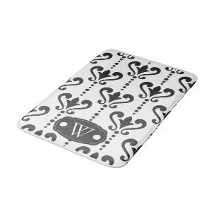 Elegant Black and White Damask Monogram Bath Mat