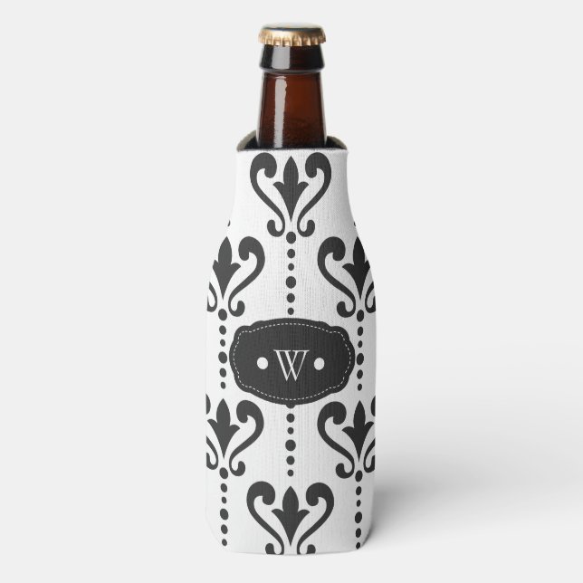 Elegant Black and White Damask Monogram Bottle Cooler (Bottle Front)