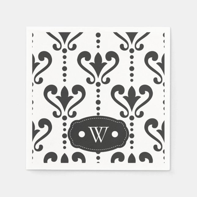 Elegant Black and White Damask Monogram Napkin (Front)