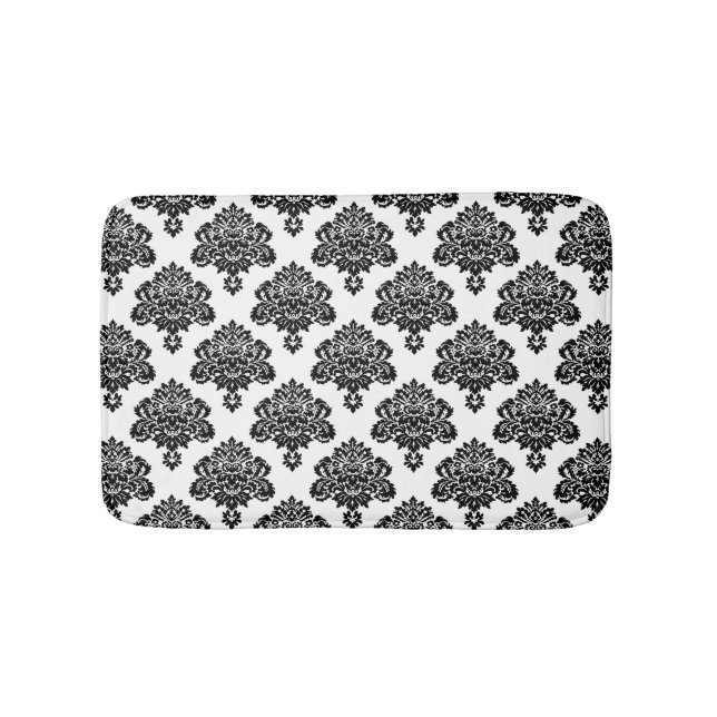 Elegant Black and White Damask Pattern Bath Mat (Front)