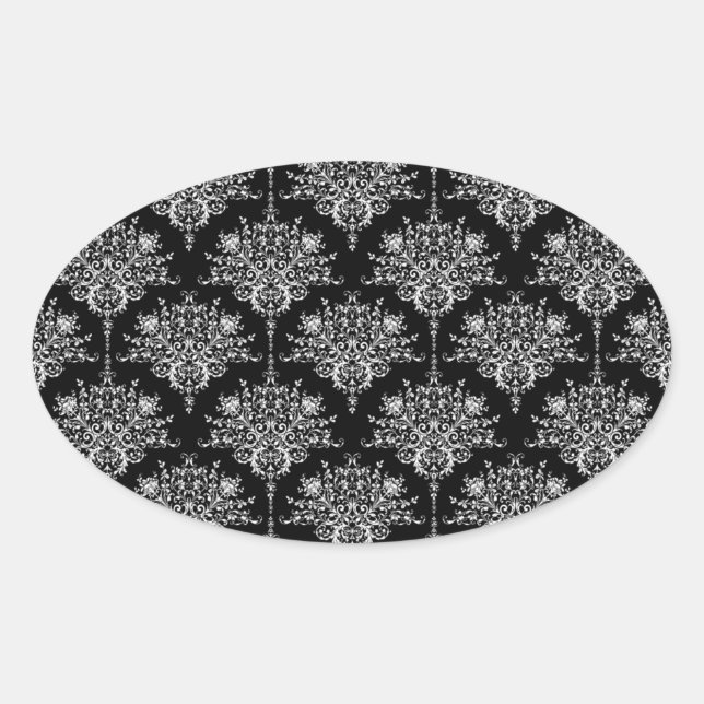 Elegant Black and White Damask Pattern Oval Sticker (Front)