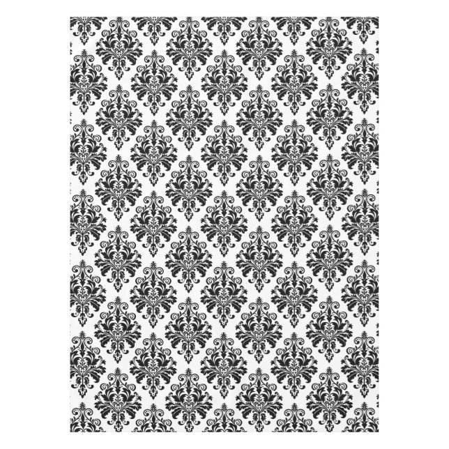 Elegant Black and White Damask Pattern Tablecloth (Front)