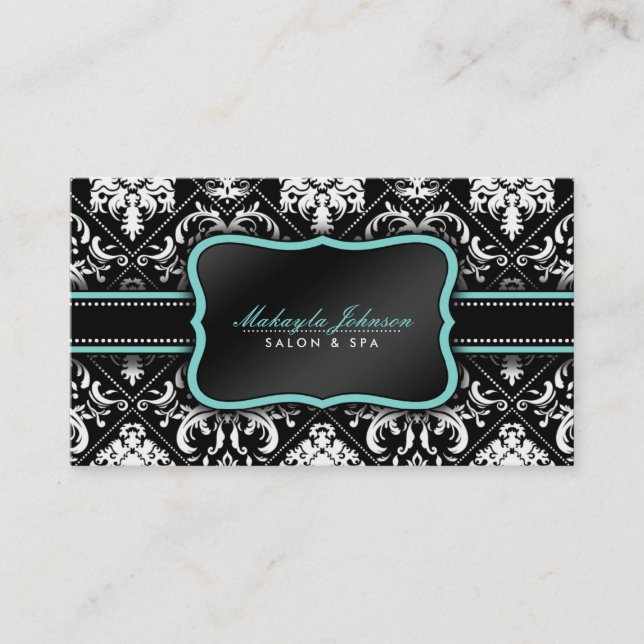 Elegant Black and White Damask Salon and Spa Business Card (Front)