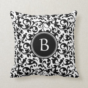 Elegant Black and White Damask Scroll Monogrammed Cushion
