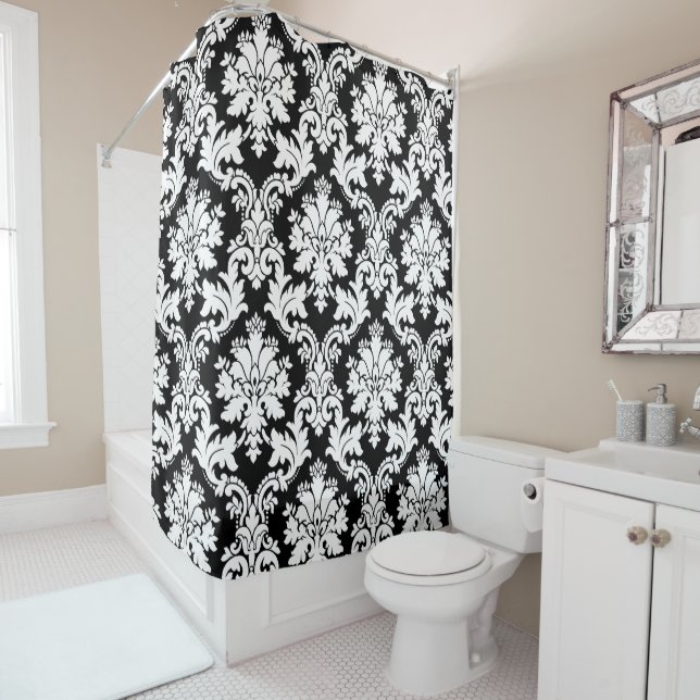 Elegant Black and White Damask Shower Curtain (In Situ)