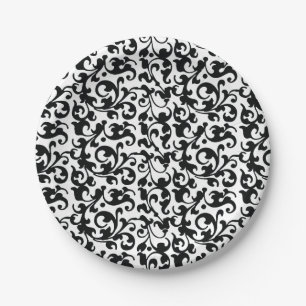 Elegant Black and White Damask Swirls Paper Plate