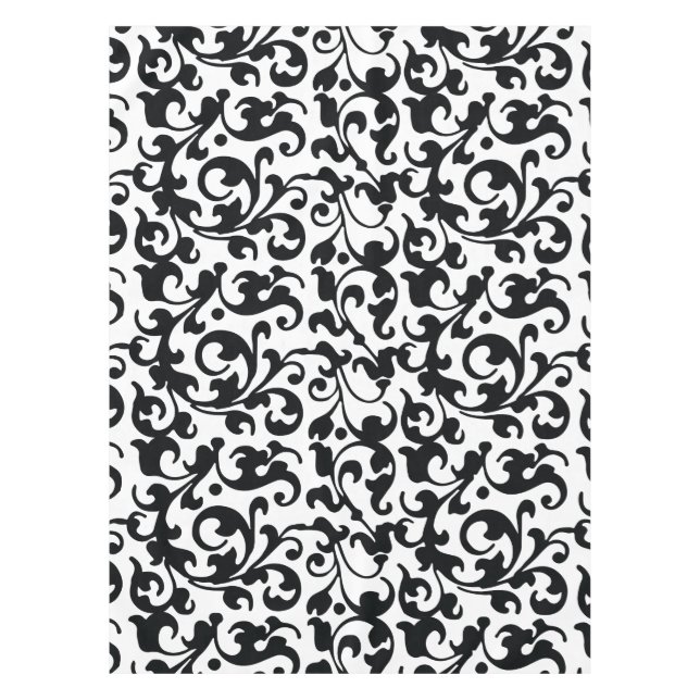 Elegant Black and White Damask Swirls Tablecloth (Front)