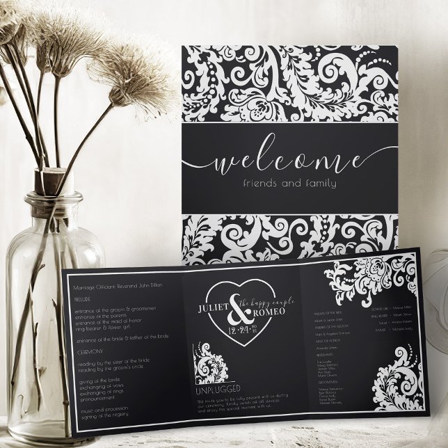  Elegant Black And White Damask Unplugged Wedding Tri-Fold Programme (elegant black and white classic  floral damask unplugged trifold wedding program)