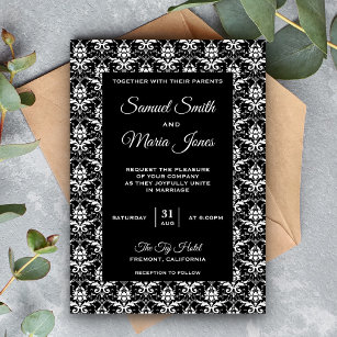 Elegant Black and White Damask Wedding Invitation