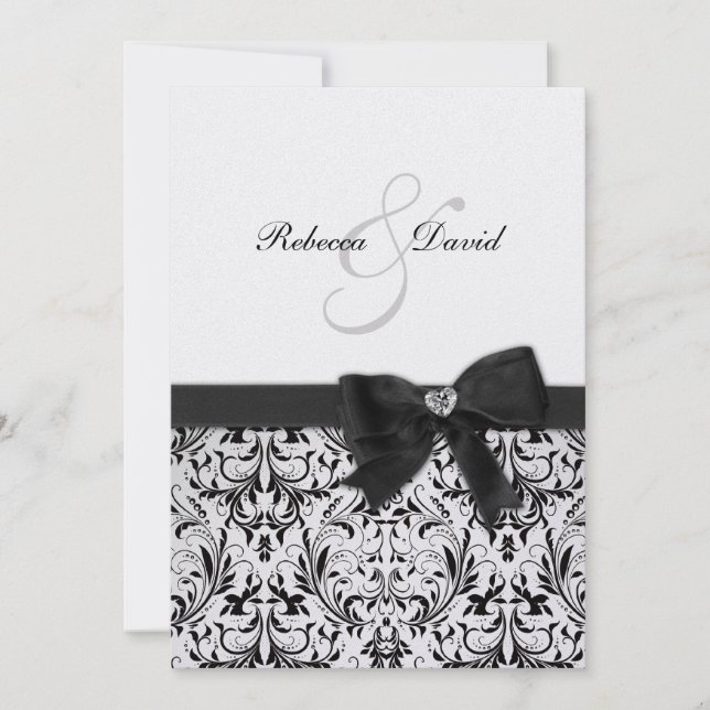 Elegant Black and White Damask with diamond bow Invitation (Front)
