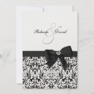 Elegant Black and White Damask with diamond bow Invitation