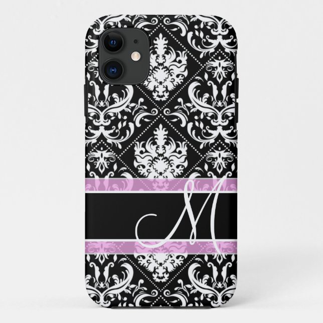 Elegant black and white damask with monogram Case-Mate iPhone case (Back)
