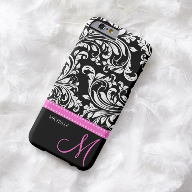 Elegant black and white Damask with Pink monogram Case-Mate iPhone Case (In Situ)