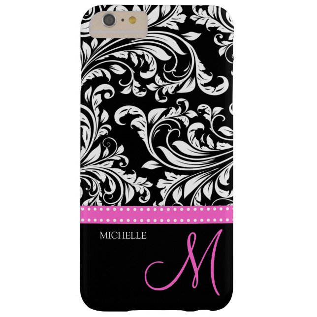 Elegant black and white Damask with Pink monogram Case-Mate iPhone Case (Back)
