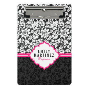 Elegant Black And White Damask With Pink Stripe Mini Clipboard