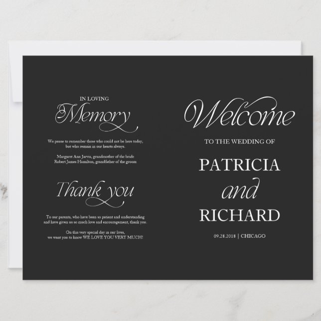 Elegant Black And White DIY Wedding Folded Program (Front)