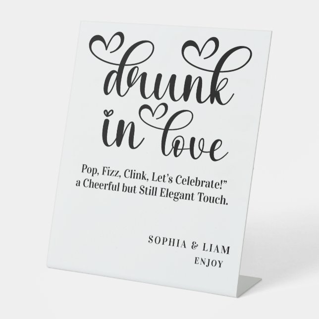 Elegant Black and White Drunk in Love Bar Wedding Pedestal Sign (Front)
