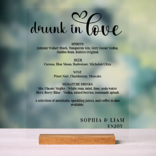 Elegant Black and White Drunk in Love Wedding Menu Acrylic Sign