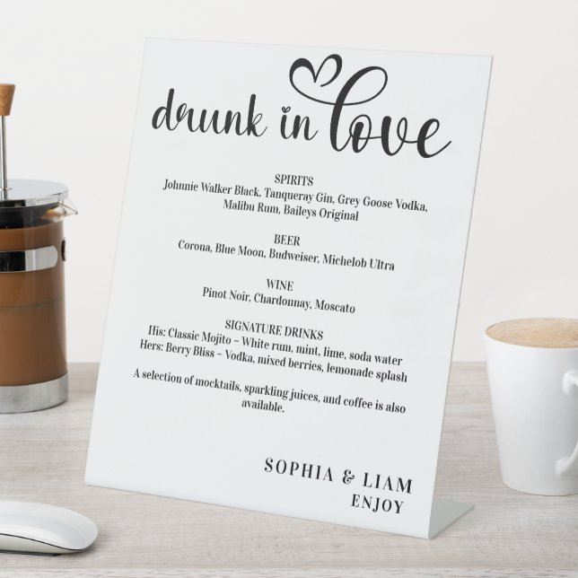 Elegant Black and White Drunk in Love Wedding Menu Pedestal Sign (In SItu)