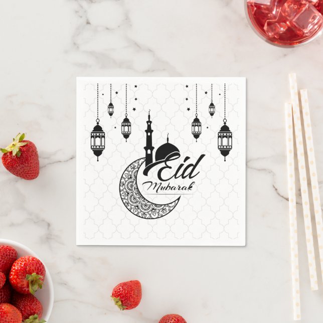 Elegant Black and White Eid Mubarak Napkin (Insitu)
