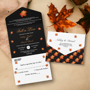 Elegant Black And White Fall Leaves Floral Wedding All In One Invitation