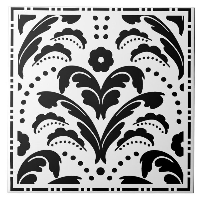 Elegant Black and White Floral Art Deco Damask Tile (Front)