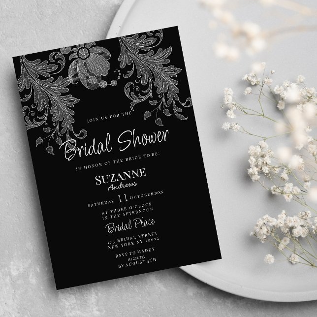  Elegant black and white floral lace Bridal Shower Invitation (Elegant black and white floral lace Bridal Shower)