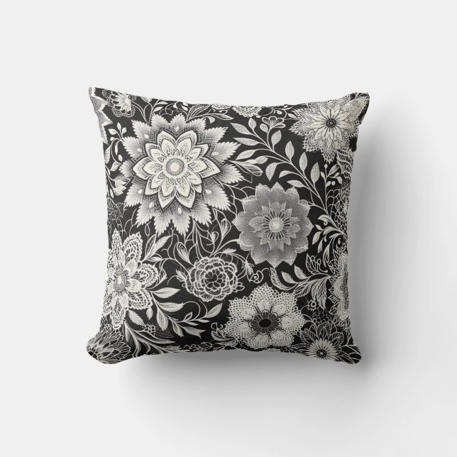 Elegant Black and White Floral Lace Pattern Cushion (Front)