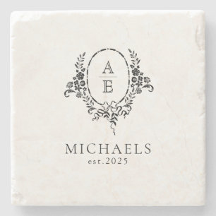 Elegant Black and White Floral Monogram Wedding Stone Coaster