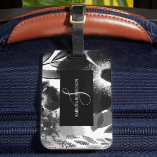 Elegant Black and White Floral Monogrammed Luggage Tag