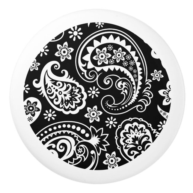 Elegant Black And White Floral Paisley Ceramic Knob (Front)