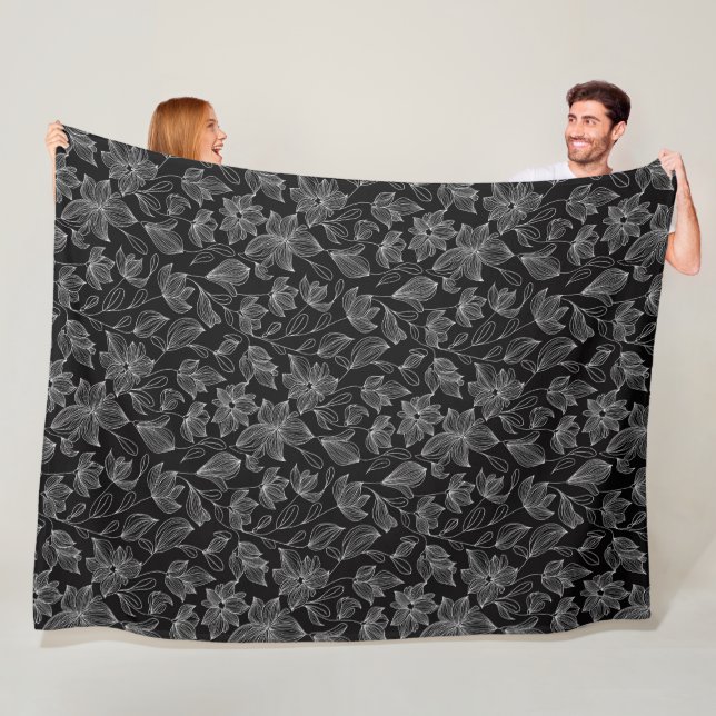 Elegant Black and White Floral Personalised  Fleece Blanket (In Situ)