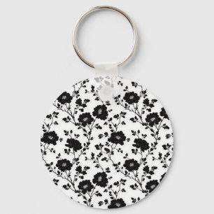Elegant Black And White Floral Silhouette Botanica Key Ring