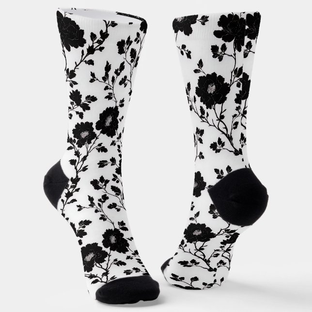 Elegant Black And White Floral Silhouette Botanica Socks (Angled)