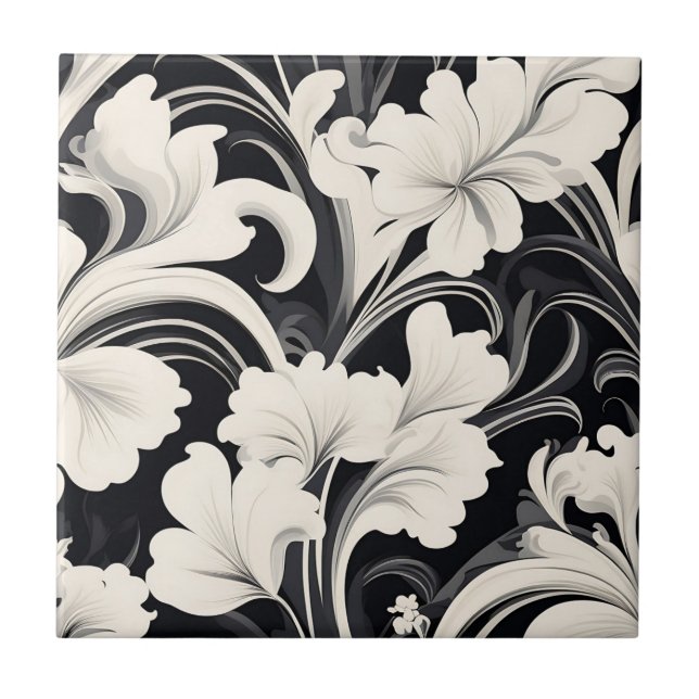 Elegant Black and White Floral Swirls Tile (Front)