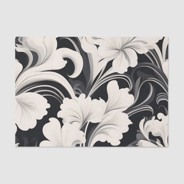 Elegant Black and White Floral Swirls Tissue Paper (Front)