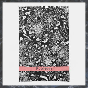 Elegant Black and White Floral  Tea Towel
