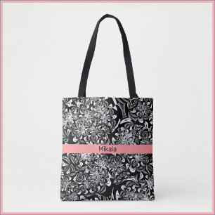 Elegant Black and White Floral Tote Bag