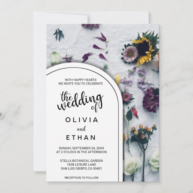 Elegant black and white floral Wedding Invitation (Front)