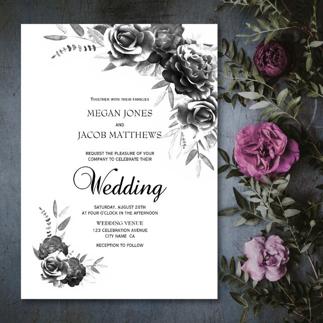 Elegant Black and White Floral Wedding Invitation (Creator Uploaded)