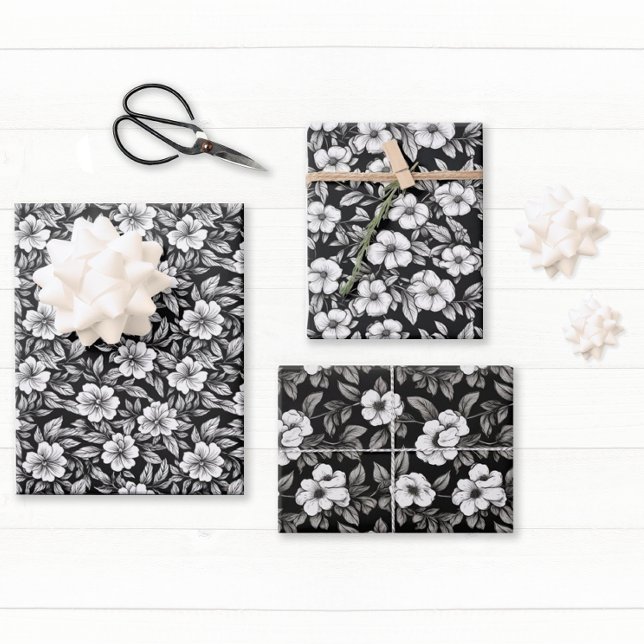 Elegant Black and White Floral Wrapping Paper Sheet (Pretty floral black and white gift wrap will make your gift stand out from the rest.)