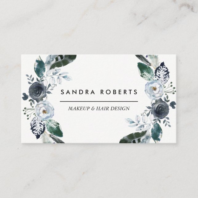 Elegant Black and White Floral Wreath Hair beauty Business Card (Front)