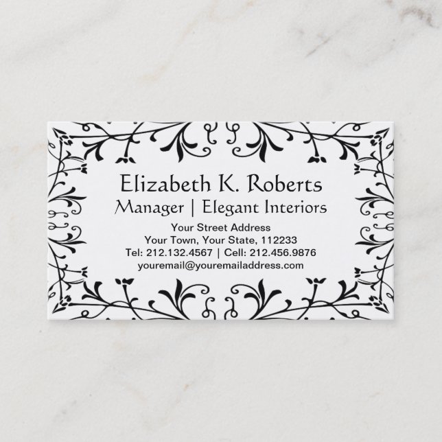 Elegant Black and White Flourish Artistic Designer Business Card (Front)
